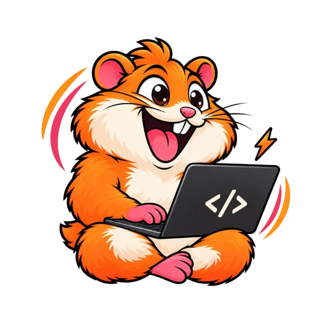 Funky Hamster doing web development on a laptop