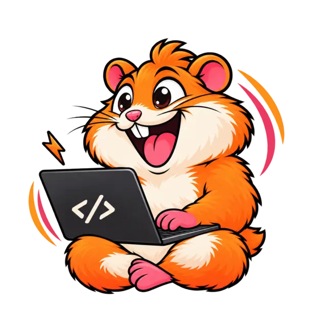 Funky Hamster doing web development on a laptop