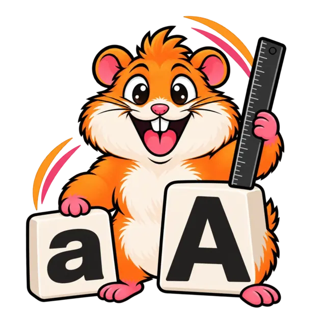 Funky Hamster measuring type with a and A letter blocks and a ruler