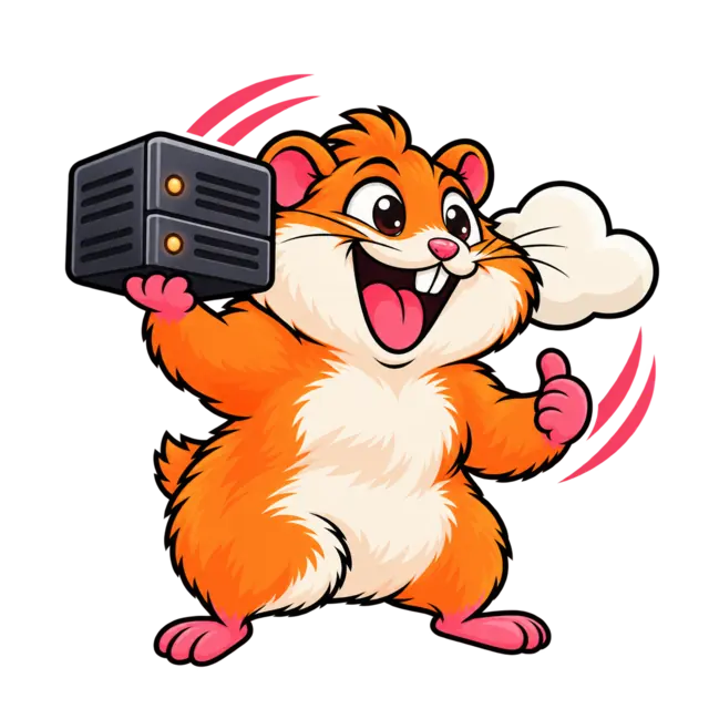 Funky Hamster looking after web hosting with a server and cloud