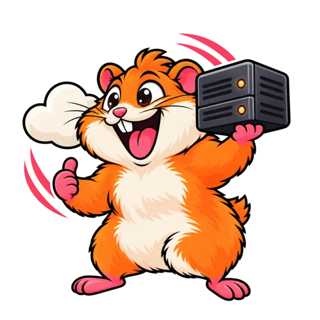 Funky Hamster looking after web hosting with a server and cloud