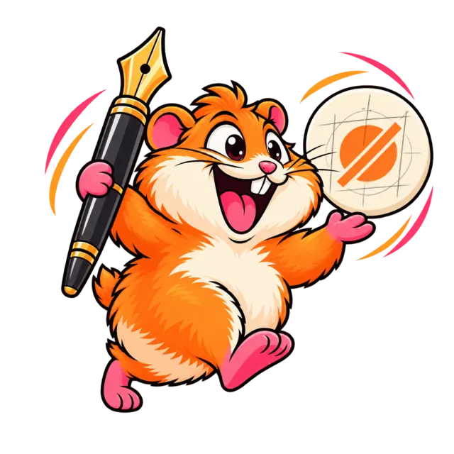 Funky Hamster designing a logo with a pen nib and construction drawing